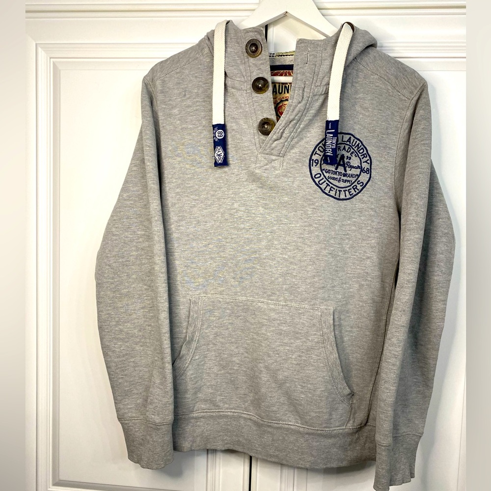 Tokyo Laundry Men’s Medium Light Grey Hoodie 3 Button V Neck Sweater Shirt Top